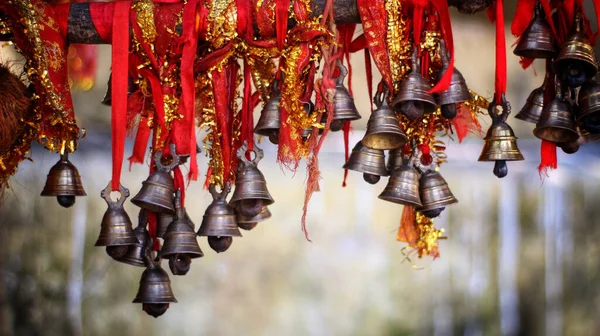 Collection Small Brass Temple Bells Red Ribbon Hanging Air — Stock Photo, Image