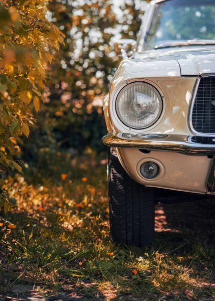 Tiro Vertical Farol Dianteiro Esquerdo Carro Clássico Conversível Ford Mustang — Fotografia de Stock