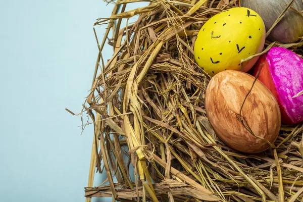 Una Vista Superior Coloridos Huevos Pintados Nido Para Pascua —  Fotos de Stock