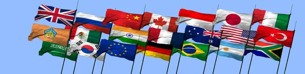 青い背景に旗竿を持つG20メンバー国の旗を振る3Dイラスト — ストック写真