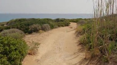 Noto, Sicilya yakınlarındaki Pizzuta sahilinde yeşil çalılarla çevrili manzaralı bir patika.