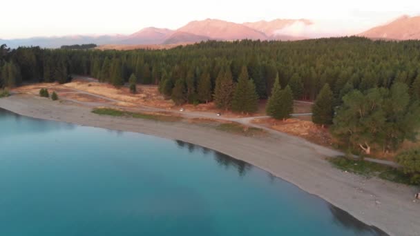 Захід Сонця Знаменитому Озері Теккапо Південних Альпах Air Drone View — стокове відео