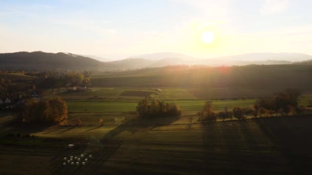 Drone Flyger Över Den Gröna Dalen Bergen Solnedgång — Stockvideo