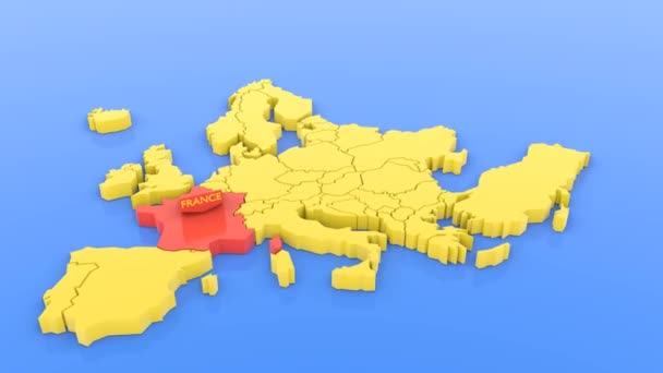 一张指向法国的欧洲黄色地图和红色地图的3D绘制 — 图库视频影像