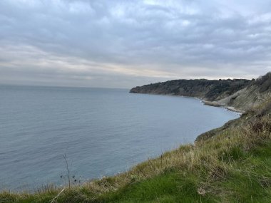 Güneşli bir günde tepelerle çevrili bir denizin panoramik manzarası.