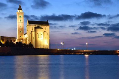 İtalya 'nın Trani şehrinde alacakaranlıkta katedralin manzarası.