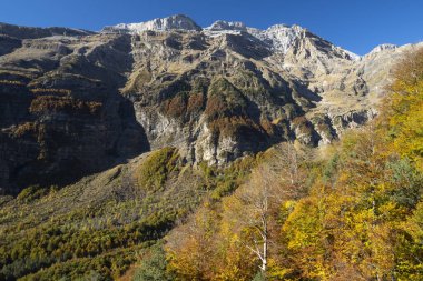Ordesa ve Monte Perdido Ulusal Parkı 'nda sonbahar manzarası. İspanya 'nın kuzeyinde, Huesca' da dağ manzarası.