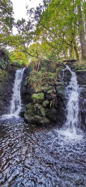 Eine Vertikale Aufnahme Von Zwei Wasserfällen Dartmoor National Park Devon — Stockfoto