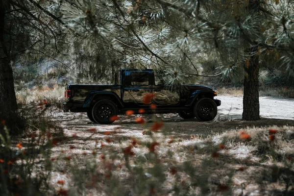 Gladiador Jipe Negro Estacionado Uma Floresta Rural — Fotografia de Stock