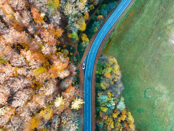 Vue Aérienne Véhicules Sur Route Milieu Une Forêt Une Prairie — Photo