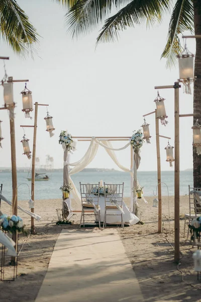 Una Vista Verticale Dell Organizzazione Del Matrimonio Spiaggia Una Giornata — Foto Stock
