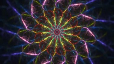İlahi ve büyüleyici kusursuz döngü fraktal sanat arka planı - çok katmanlı renkli geometri ve kaleydoskop girdapları.