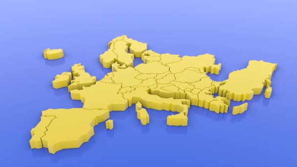 Vykreslení Žluté Mapy Evropy Izolované Modrém Pozadí — Stock video