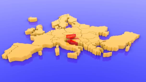 一张指向克罗地亚的欧洲黄色地图和红色地图的3D绘制 — 图库视频影像