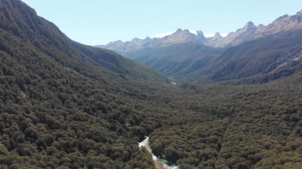 Voo Aéreo Drones Nas Montanhas Fjordland Nova Zelândia Com Maciça — Vídeo de Stock