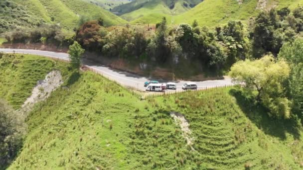 ニュージーランドのハイウェイ43の美しい風景は 道路上の見出し地点上の空中ドローン飛行で捉えられました — ストック動画