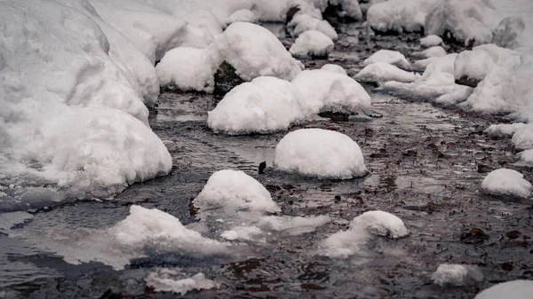 Vue Panoramique Une Rivière Gelée Recouverte Neige Hiver — Photo