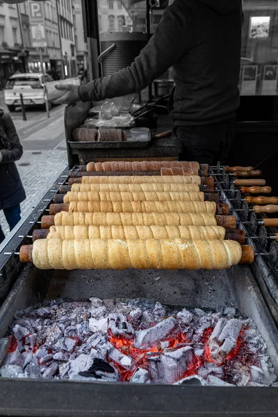 Vertical Shot Trdlo Being Grilled Czech Sweet Bread — Stock Photo, Image