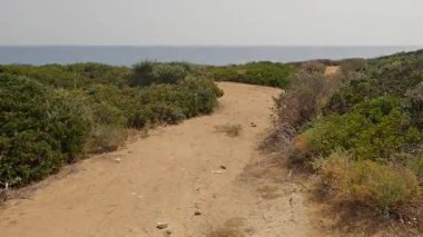 Sicilya 'nın Noto şehrindeki Eloro arkeolojik alanı yakınındaki güzel Pizzuta plajına giden doğal kumlu yol.