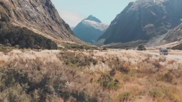 Aerial View Car Driving Streets Fiordland Milford Sound New Zealand — Stock Video