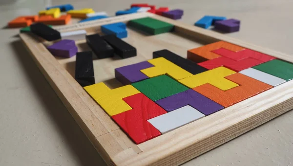 Closeup Wooden Tetris Puzzle Colorful Parts Develop Coordination Skills Kids — Stock Photo, Image
