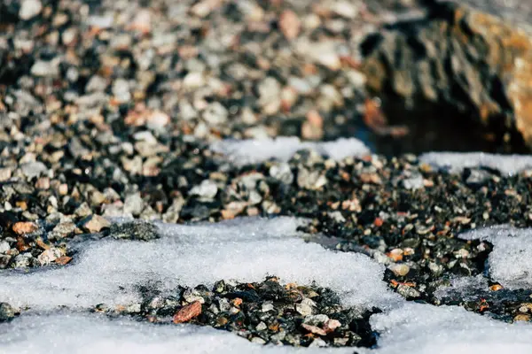 Closeup Melting Snow Gravel — Stock Photo, Image