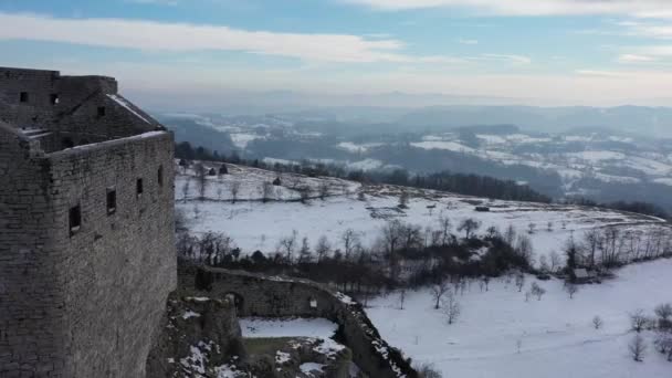 Крупный План Замка Сребреник Боснии Герцеговине Зимой — стоковое видео
