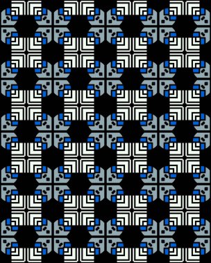 Kusursuz tekrarlanabilir mavi, beyaz ve siyah renkli soyut model arka plan Moda, tekstil tasarımı, şirin temalı kumaş, duvar kağıdı üzerinde