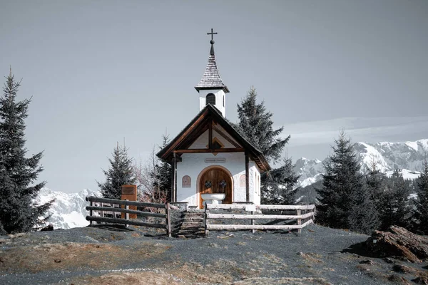 Amazing Aerial View Sunrise Crocus Little Church Austrian Mountains — Stock Photo, Image