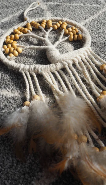 Vertical Closeup Macrame Ornament Feathers Grey Carpet — Stock Photo, Image