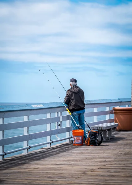 Vertical Shot Male Fishing Pier Blue Sky San Clemente — Stock Photo, Image