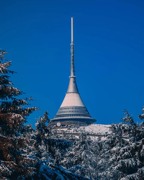 Vertical Shot Jested Mountain Unique Transmitter Liberec Czech Republic Winter — Stock Photo, Image