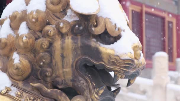 Κοντινό Πλάνο Του Μπρούτζινου Λιονταριού Στέκεται Βαρύ Χιόνι Απαγορευμένη Πόλη — Αρχείο Βίντεο