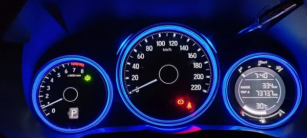 Closeup Shot Car Odometer Neon Blue Lights Night — Stock Photo, Image
