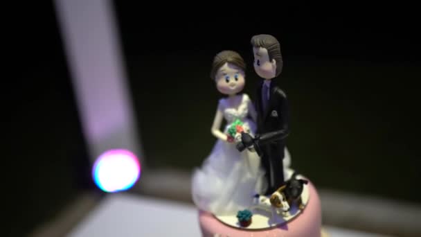 Крупним Планом Кадри Весільного Торта Фігурками Зверху — стокове відео