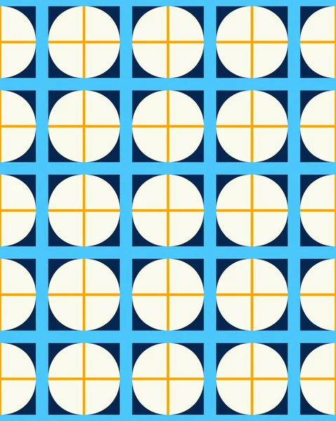 背景や壁紙のための正方形と円の十字青と黄色の色のパターンのタイルパターンのシームレスなイラスト — ストック写真