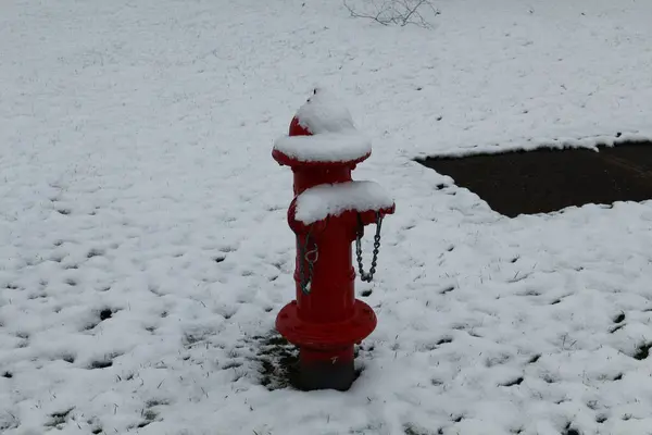 Eine Nahaufnahme Des Roten Feuerhydranten Der Mit Schnee Bedeckt Ist — Stockfoto