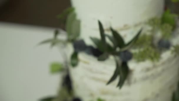 婚礼蛋糕的特写镜头 上面有装饰的叶子 — 图库视频影像
