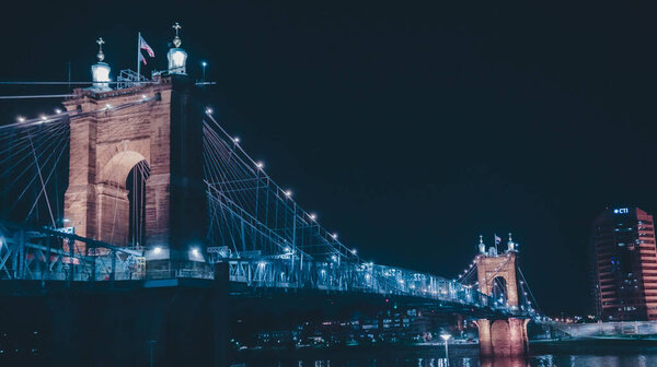 A night view of the Cincinnati bridge connecting Ohio to Kentucky, USA