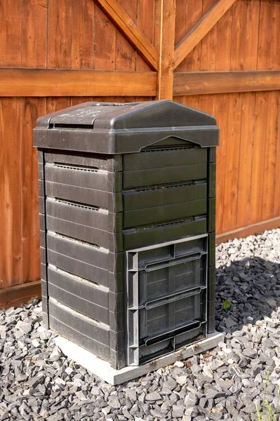 Black Plastic Compost Bin Urban Garden Fence — Stock Photo, Image