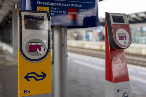 Two Dutch Transfer Sign Electronic Swipe Machines Going One Train — Stock Photo, Image