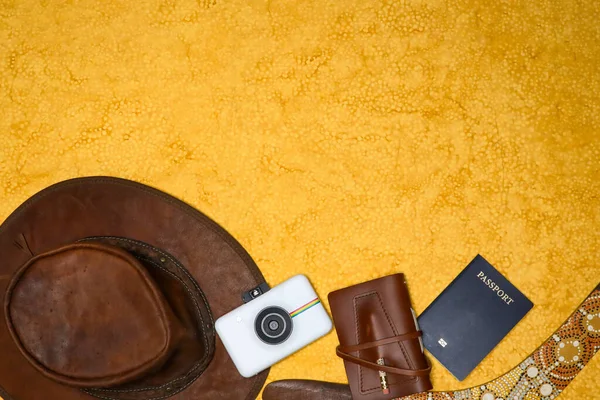 Top View American Passport Polaroid Camera Yellow Background Copy Space — Stock Photo, Image