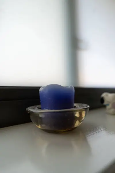 Vertical Closeup Blue Scented Candle Pot Windowsill — Stock Photo, Image