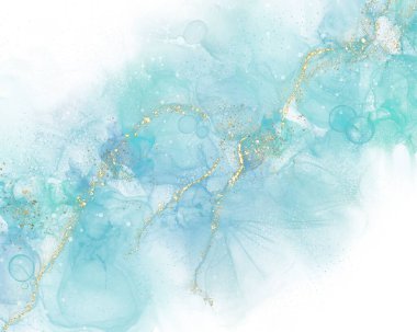 Kademeli mavi turkuaz renkler, soyut sıvı boya, altın çizgili dijital alkol mürekkebi çizimi. Mermer akış sanatı.