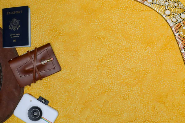 Top View American Passport Polaroid Camera Yellow Background Copy Space — Stock Photo, Image