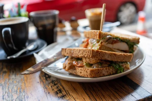 Selective Focus Shot Sandwich Cutlery Wooden Table — Stock Photo, Image