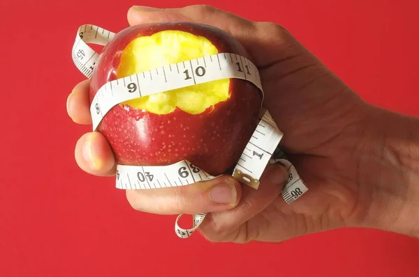 Bitten Diet Apple Meter Hand Colored Background — Stock Photo, Image