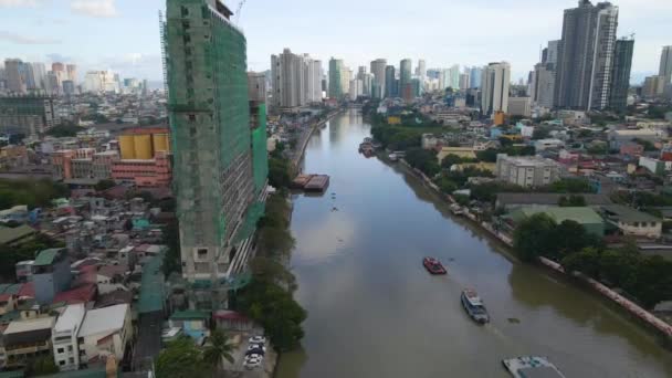 Aerial View Pasig River High Modern Buildings Background Philippines — Stock Video