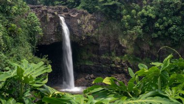 Hawaii 'deki Gökkuşağı Şelalesi' ne doğru doğal bir yaprak çerçeveli manzara