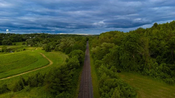 Letecký Snímek Železnice Mezi Zelenými Stromy Travnatými Porosty Dlouhým Zataženým — Stock fotografie